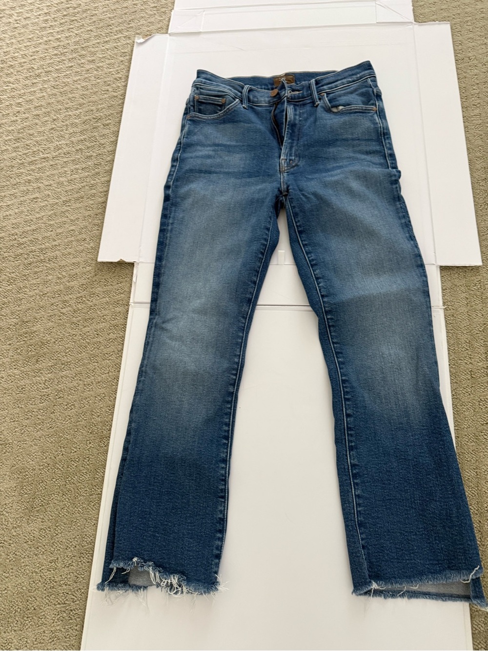 MOTHER Blue Cropped Flare Jeans with Raw Hem